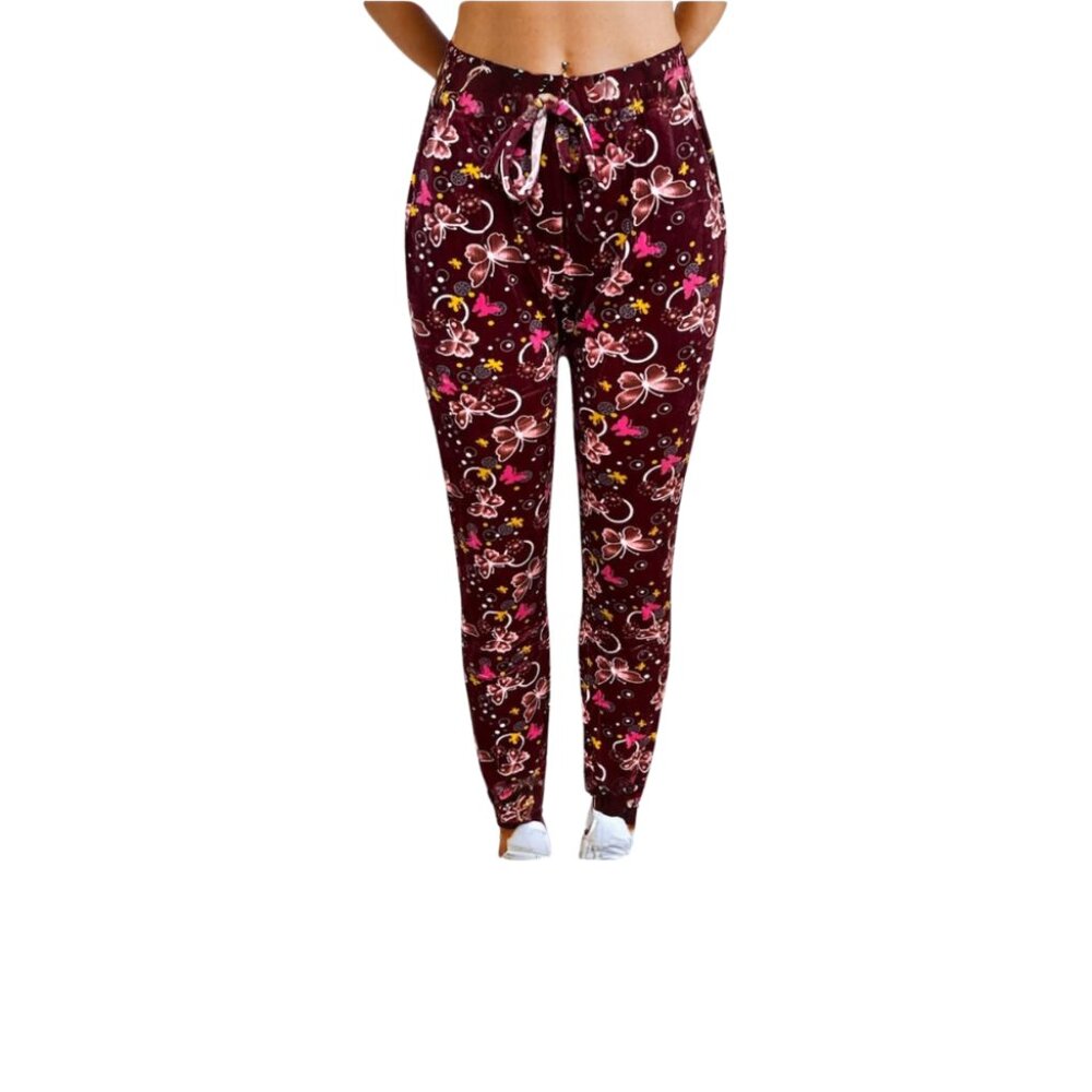 Women's High-Waist Floral Drawstring Lounge Pants - Burgundy Butterfly Print